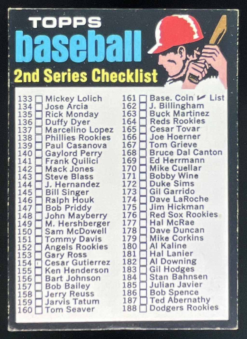 1971 Topps #123a Checklist: 133-263 VAR product image 1, provided for visual reference and product detail review