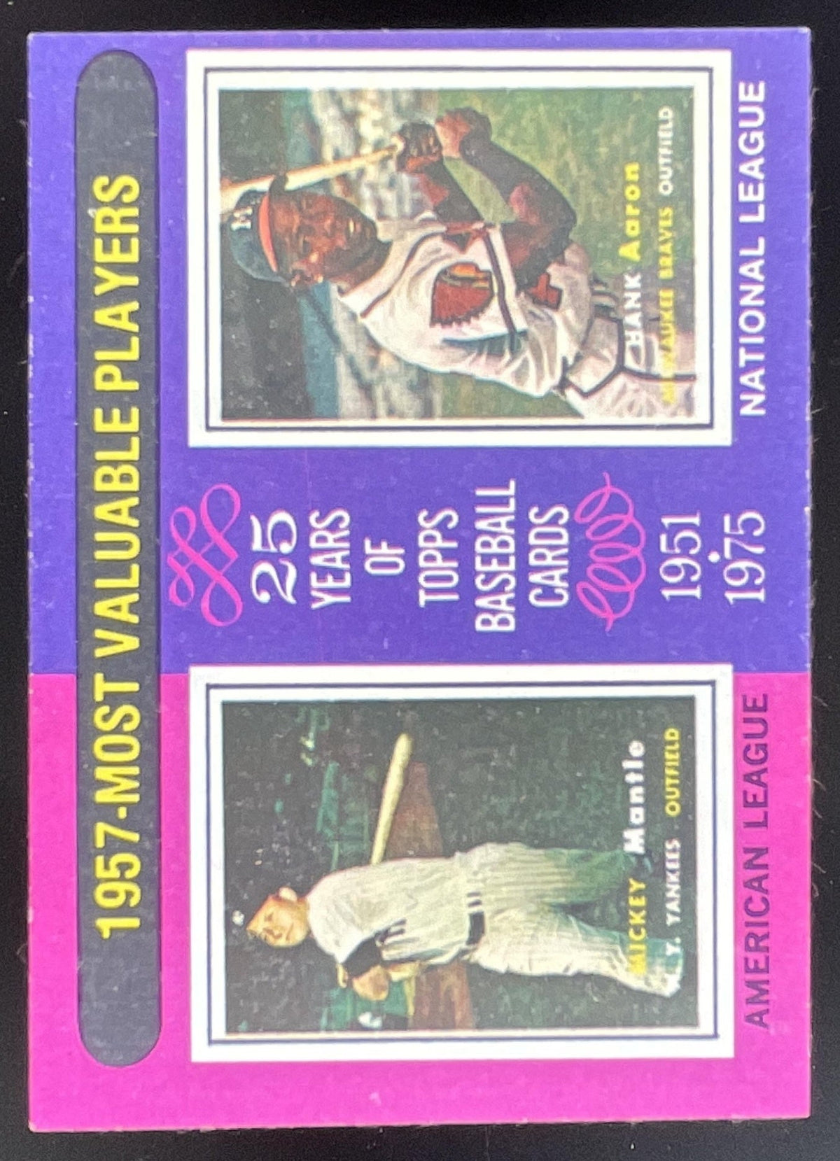 1975 Topps #195 1957s Mickey Mantle Hank Aaron MVP product image 1, provided for visual reference and product detail review