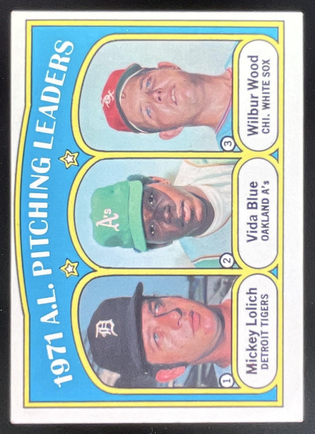 1972 Topps #94 Mickey Lolich Vida Blue Wilbur Wood League Leaders product image 1, provided for visual reference and product