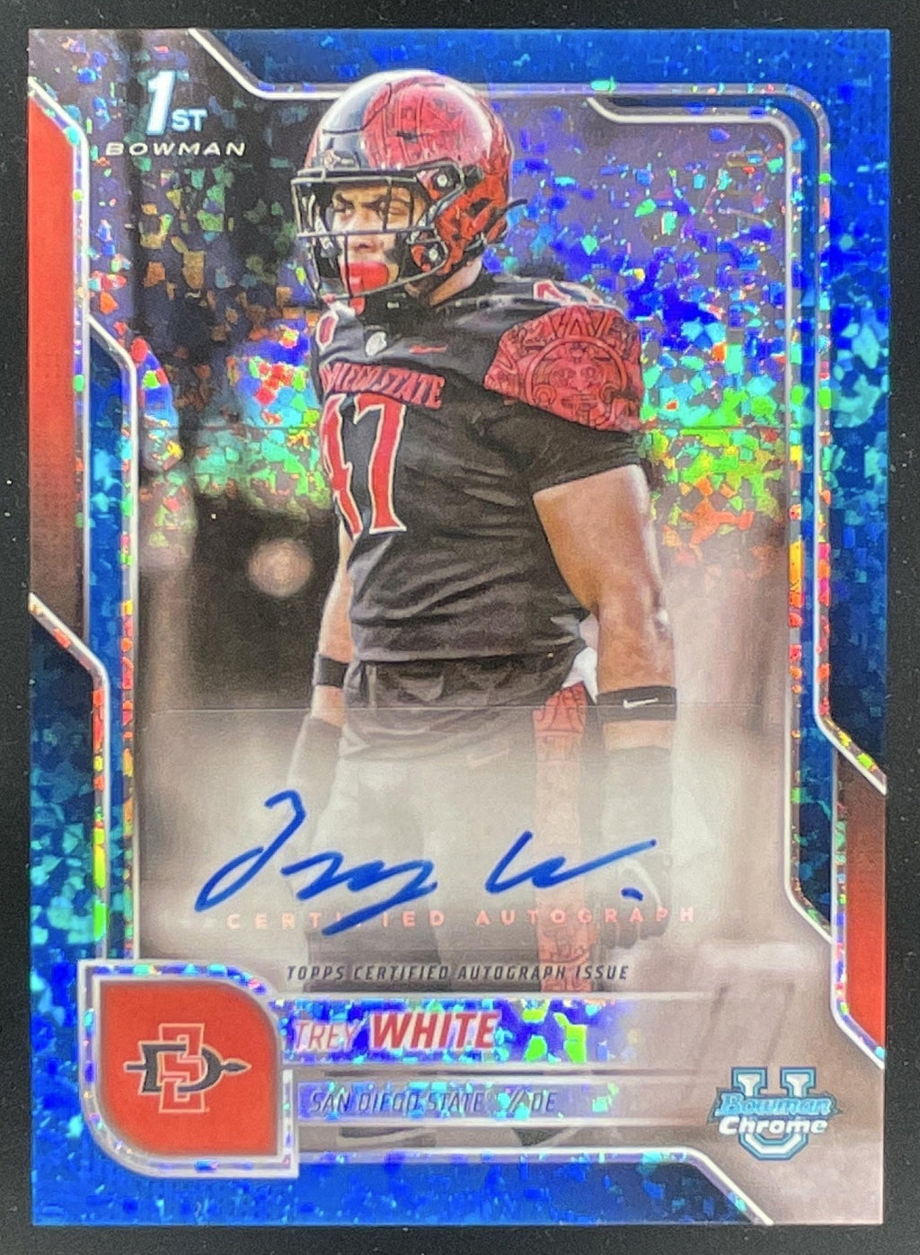 2025 Bowman Chrome University Prospect Blue Mini-Diamond Trey White Auto /150 product image 1, provided for visual reference