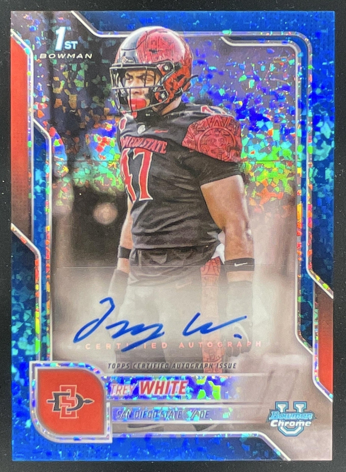 2025 Bowman Chrome University Prospect Blue Mini-Diamond Trey White Auto /150 product image 1, provided for visual reference