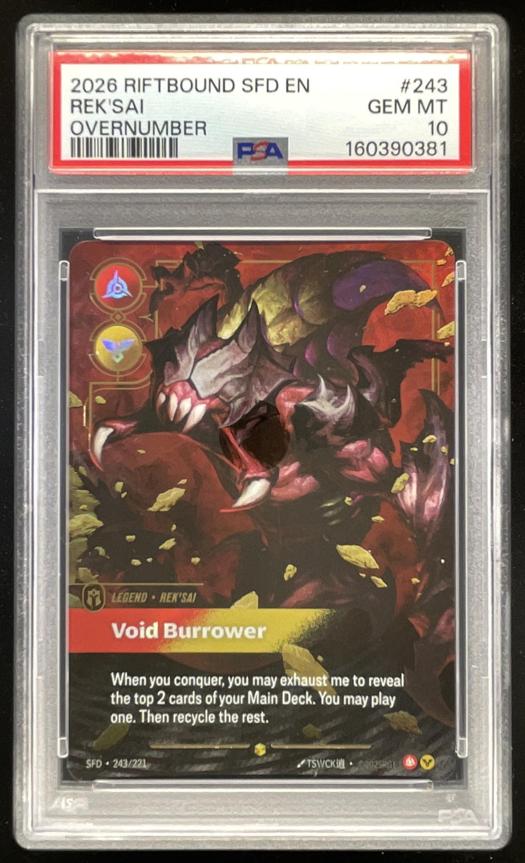 2026 Riftbound SFD #243 Rek'Sai Overnumber PSA 10 product image 1, provided for visual reference and product detail review