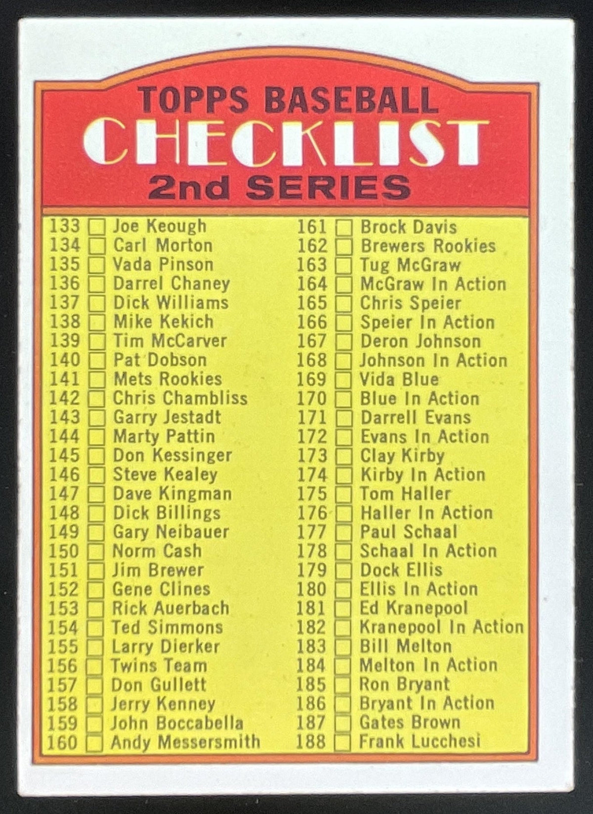 1972 Topps #103 2nd Series Checklist: 133-263 product image 1, provided for visual reference and product detail review