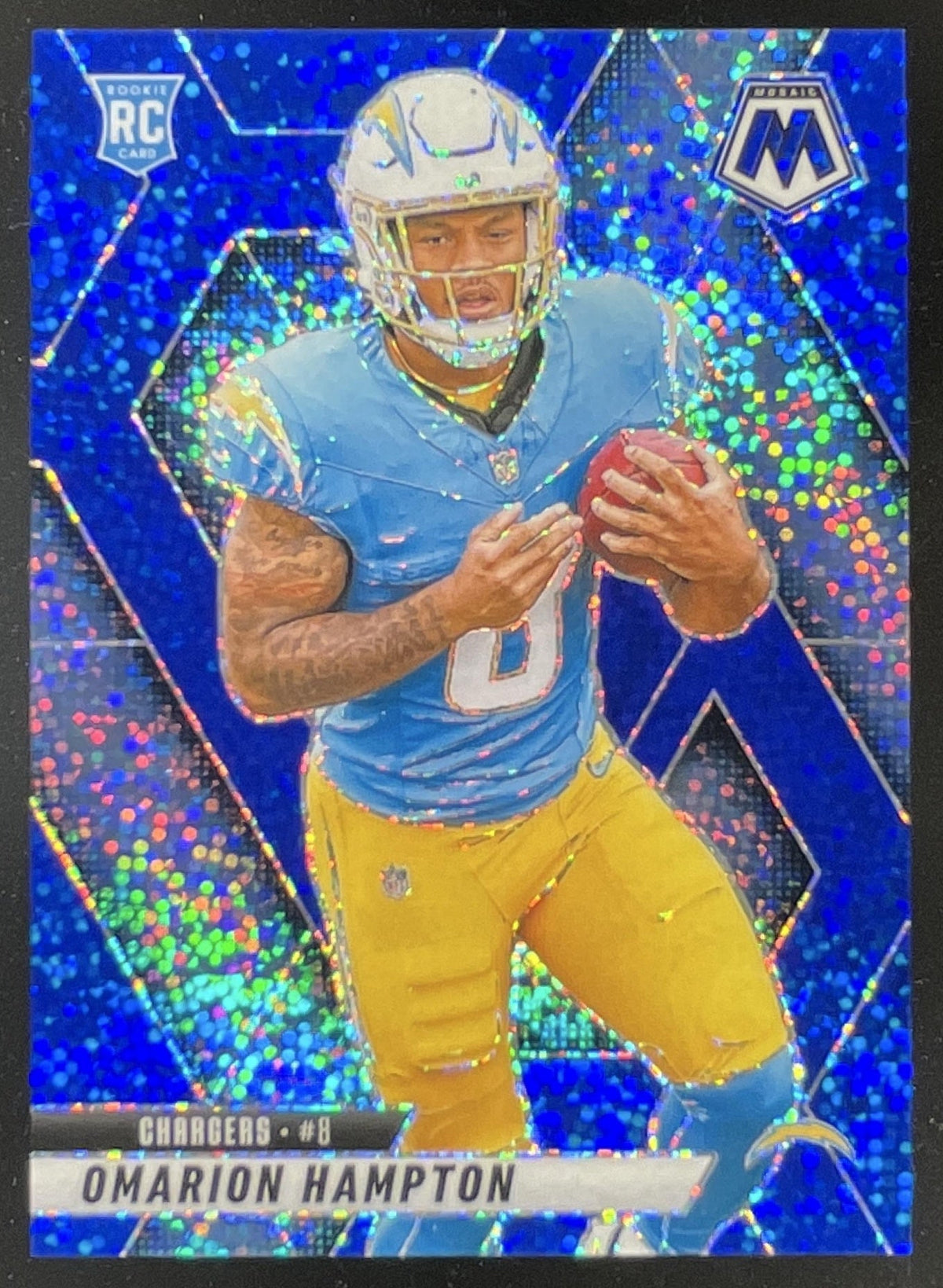 2025 Panini Mosaic Rookies Blue Sparkle Prizm #335 Omarion Hampton RC /96 product image 1, provided for visual reference and